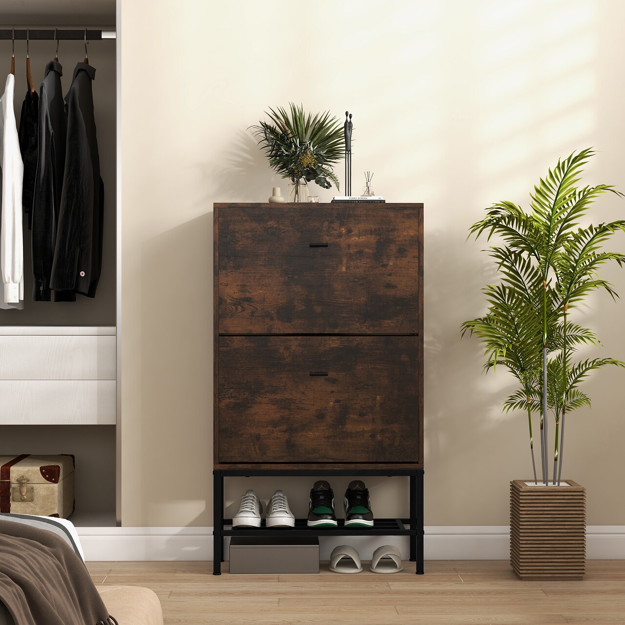 Industrial Shoe Storage Cabinet with 2 Flip Drawers and 1 Bottom Metal Shelf - 23.5 x 9.5 x 42 inch (L x W x H)